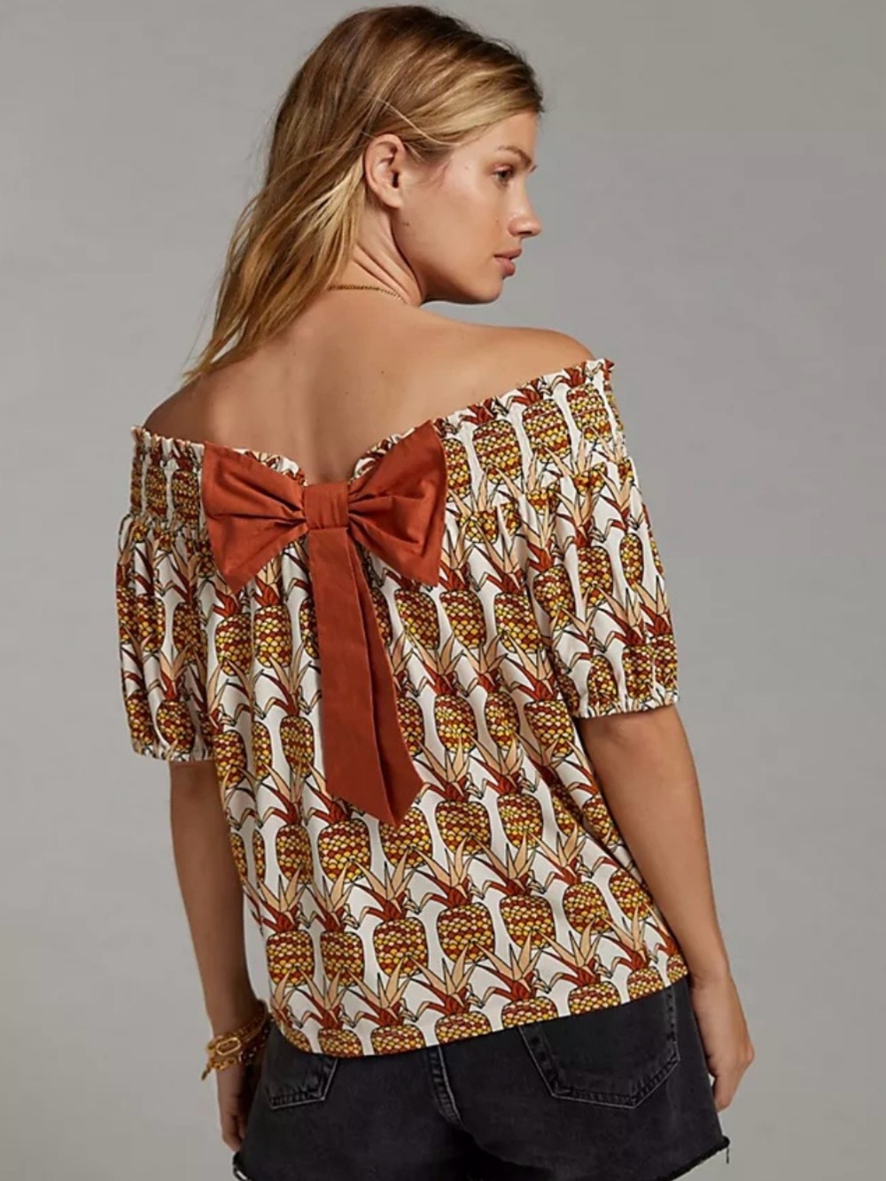 Anthropologie Porridge Pineapple Print Bow Back Smocked Off Shoulder Top Size XS
